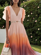 Oranges Strass Falten Chiffon V-Ausschnitt Ärmellos Rüschenärmel A-Linien Maxikleid