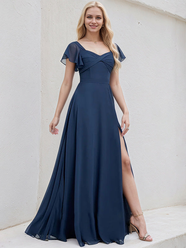 Marineblaues Chiffon A-Linien V-Ausschnitt Kurzarm bodenlanges Brautjungfernkleid