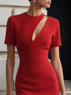 Rotes klassisches Midikleid mit Ausschnitten, Rundhalsausschnitt und kurzen Ärmeln