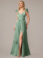 Green A Line V Neck Sleeveless Floor Length Dresses With Ruffles
