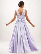 Lilac A-Line Satin Ruffles V-Neck Sleeveless Floor-Length Bridesmaid Dresses