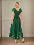 A-Linien Chiffon Kleid mit V-Ausschnitt, flatternden Ärmeln, knöchellang mit Applikationen