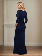 Trumpet/Mermaid V Neck 3/4 Sleeve Floor Length Stretch Crepe Mother of the Bride Dress With Ruffles