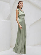 Sage Satin A Line One Shoulder Sleeveless Floor Length Bridesmaid Dresses With Bow