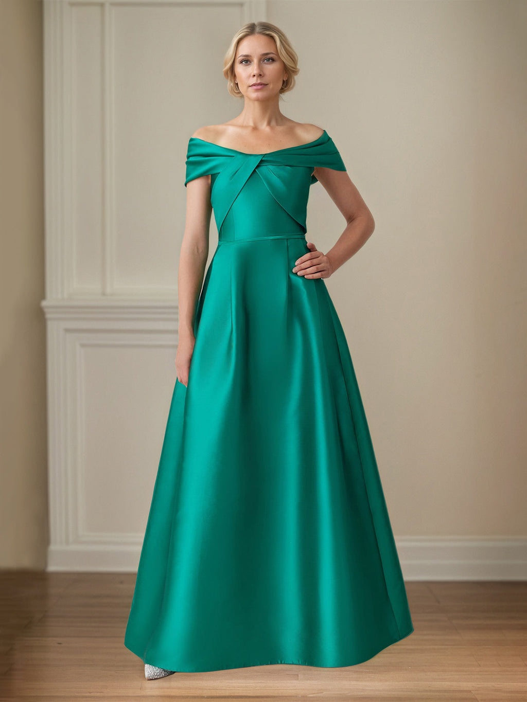 Jade Satin A-Linien Schulterfreies bodenlanges Kleid der Brautmutter
