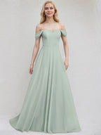 Agave Chiffon A Line Off the Shoulder Sleeveless Floor Length Bridesmaid Dress