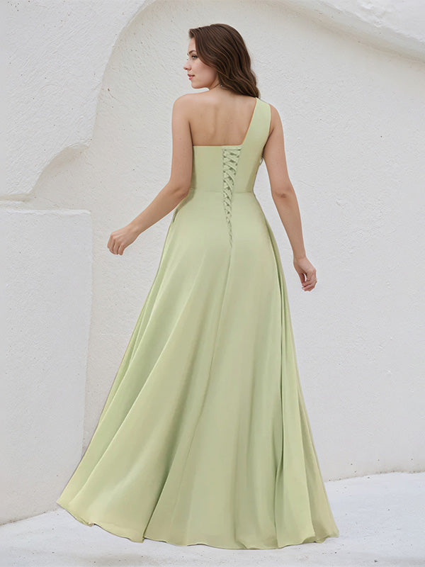 A Line Sage Chiffon One Shoulder Sleeveless Dress With High Slit