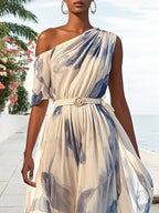 Blau bedrucktes asymmetrisches Chiffonkleid mit einer Schulter, kurzen Ärmeln, A-Linie, Maxilänge