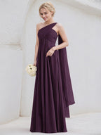 Grape A-Line One Shoulder Floor-Length Chiffon Bridesmaid Dress With Ruffle
