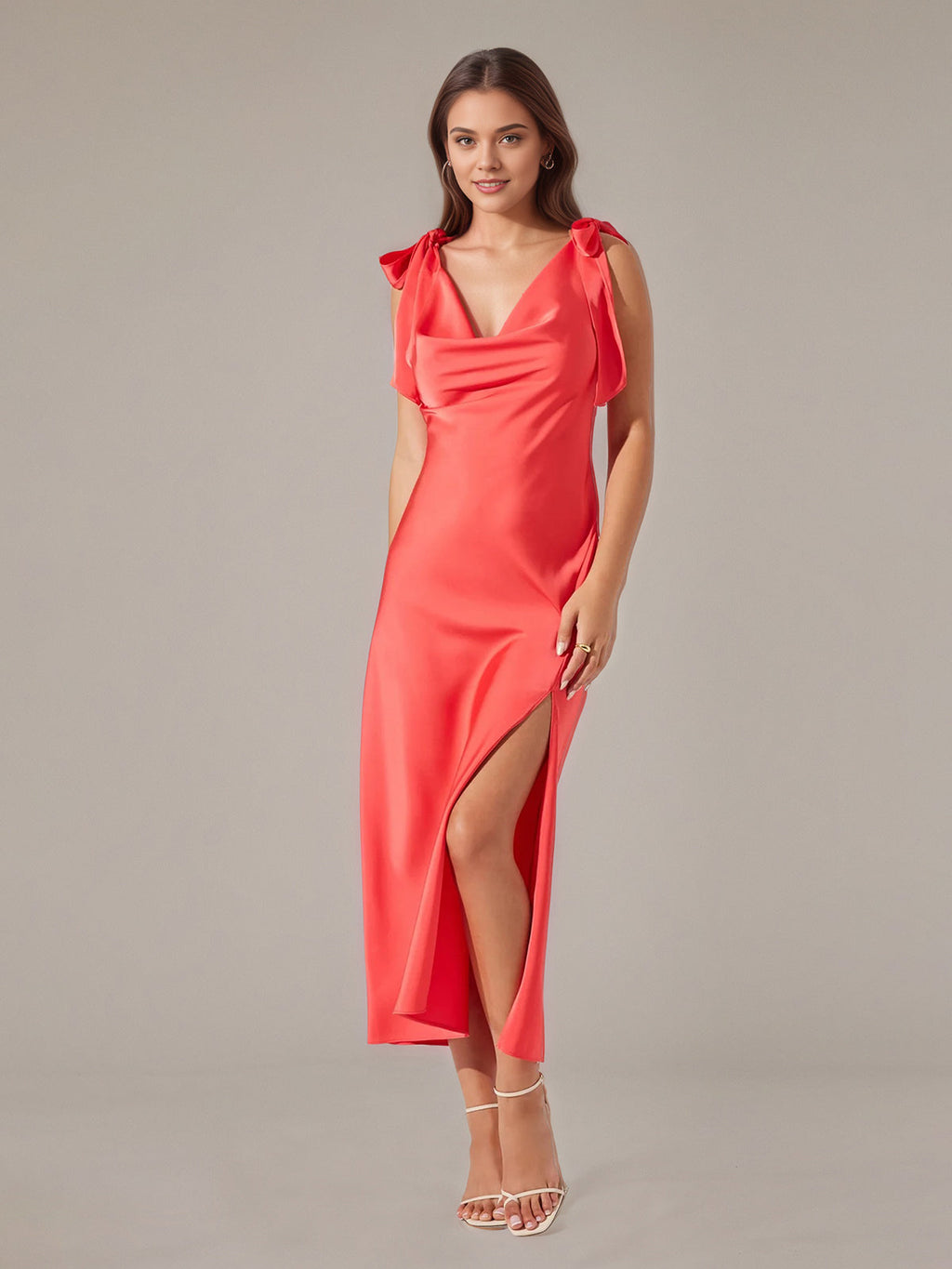Coral Satin A Line V Neck Sleeveless Ankle Length Dress