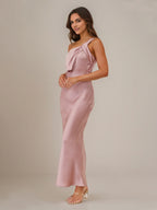 Dusty Rose Satin Sheath/Column One Shoulder Sleeveless Ankle Length Bridesmaid Dress