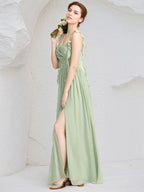 Abito da damigella verde menta in chiffon a linea A con scollo quadrato, senza maniche, lungo fino al pavimento con volant