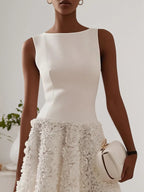 White 3D Floral Boat Neck A-Line Midi Dress