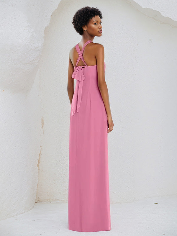 A Line Chiffon Off the Shoulder Sleeveless Floor Length Bridesmaid Dress