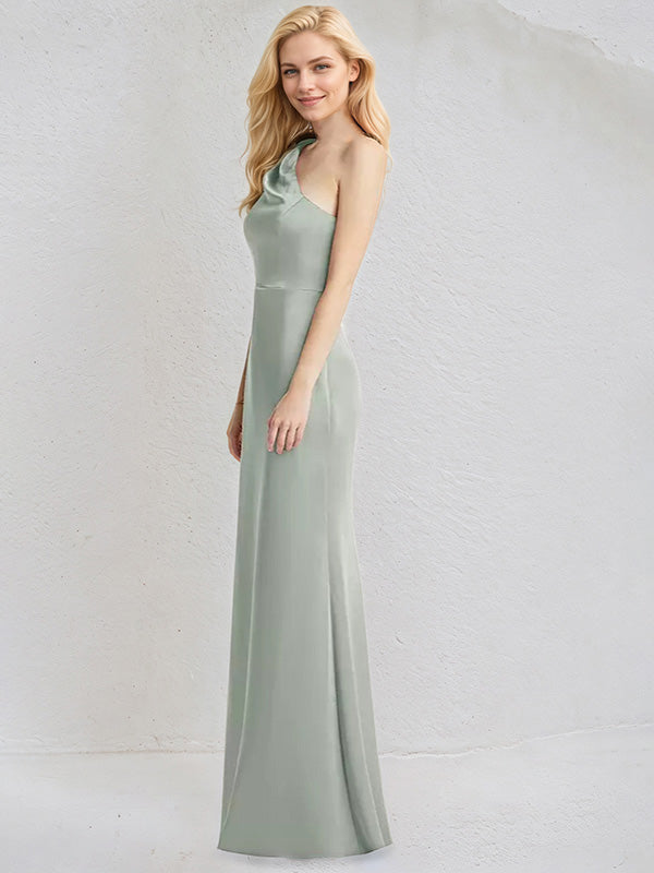Robe de demoiselle d'honneur longue en satin, fourreau/colonne, une épaule, sans manches