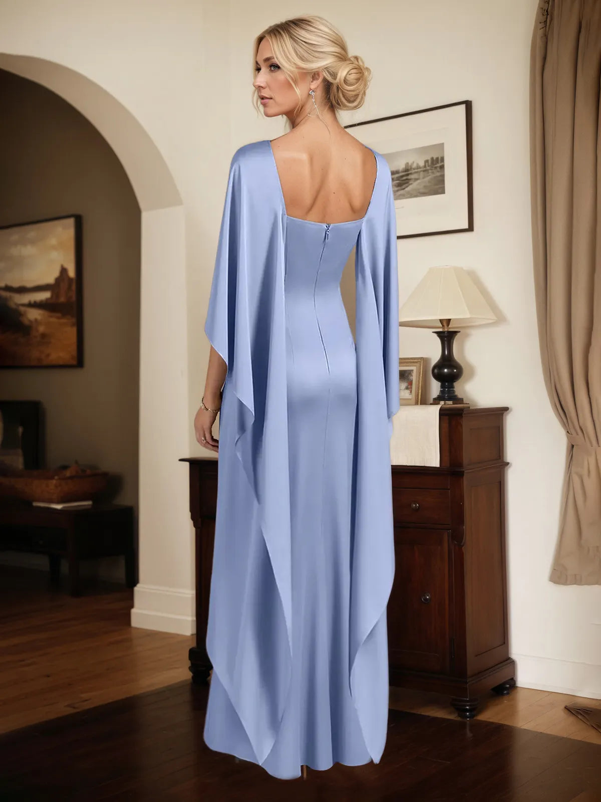 Etui/Säulen Stretch-Crêpe Bateau-Ausschnitt Cape-Ärmel bodenlanges Kleid
