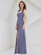 A Line Satin Square Neck Sleeveless Floor Length Bridesmaid Dresses With Bow