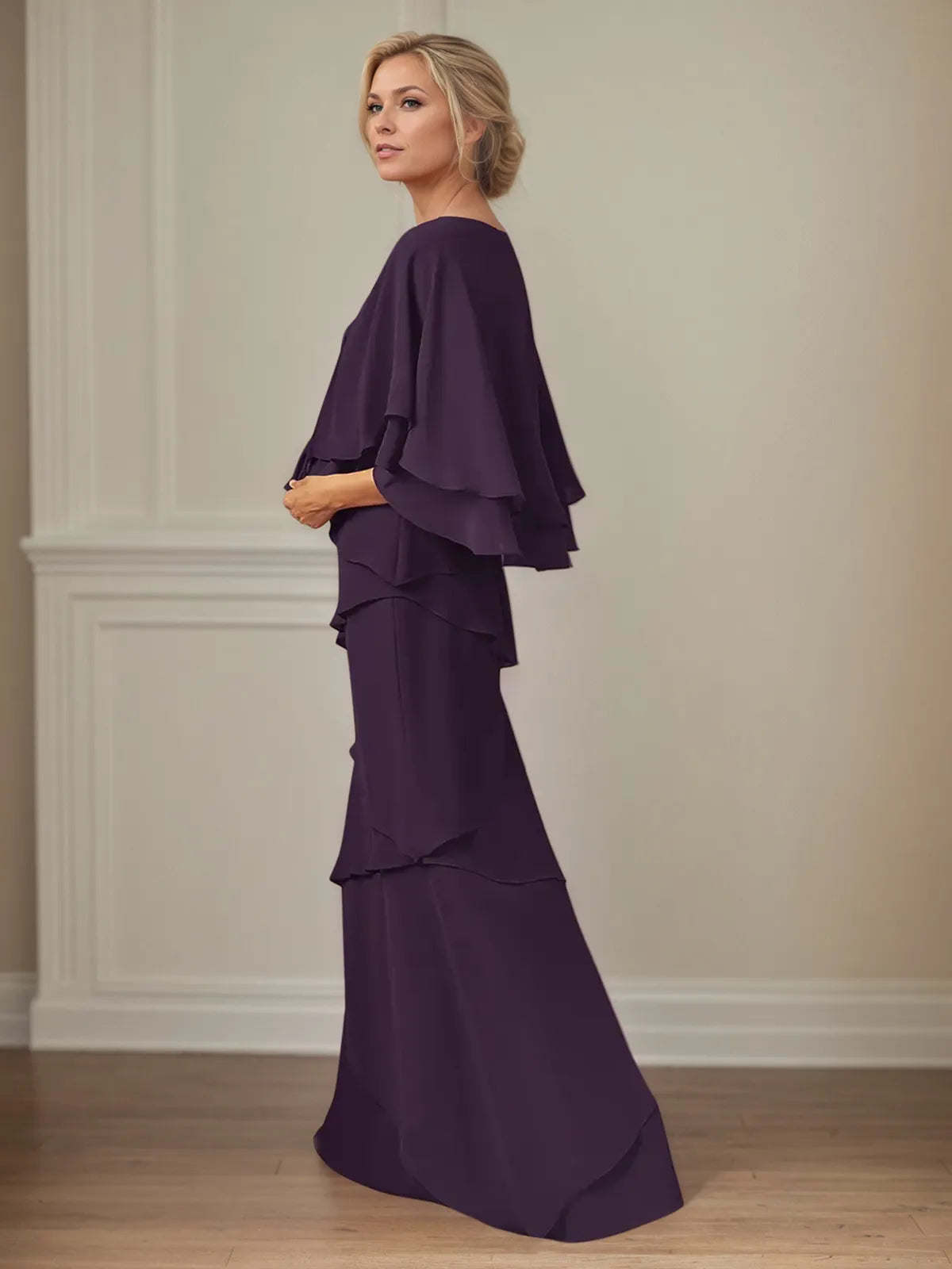 A Line V Neck Flutter Sleeve Floor Length Chiffon Mother of the Bride Dress