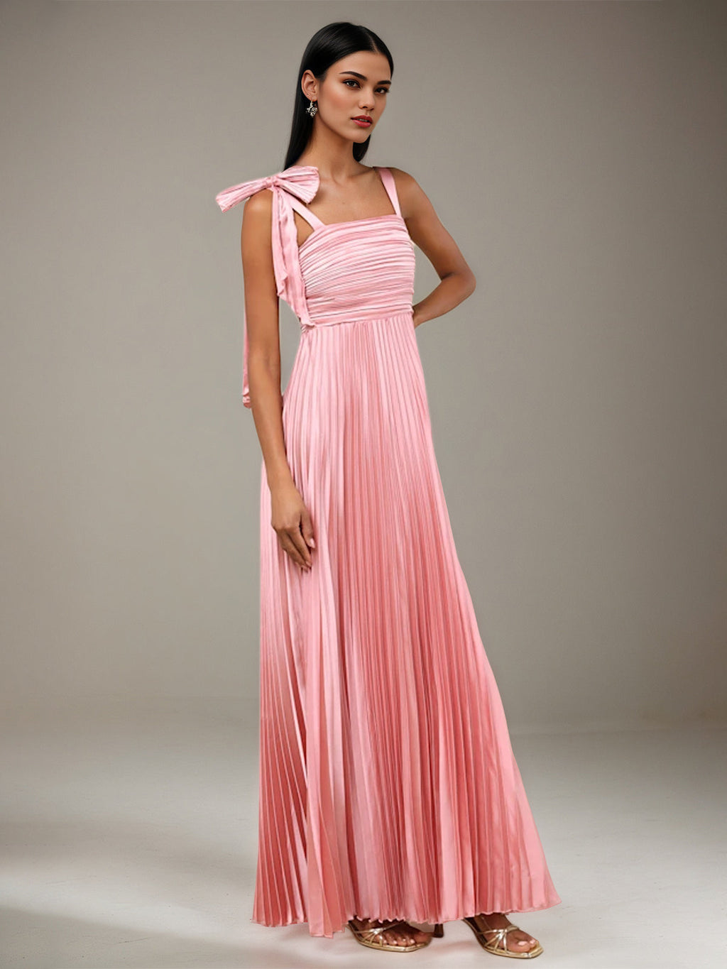 Rosa Satin A-Linien Kleid mit quadratischem Ausschnitt, ärmellos, bodenlang und Schleife, Brautjungfernkleid