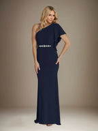 Trumpet/Mermaid Stretch Crepe One Shoulder Short Sleeves Floor Length Dress With Ruffles