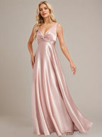 Dusty Rose A-Line V-Neck Floor-Length Satin Bridesmaid Dress