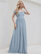Dusty Blue Chiffon A Line Spaghetti Straps Sleeveless Floor Length Bridesmaid Dress