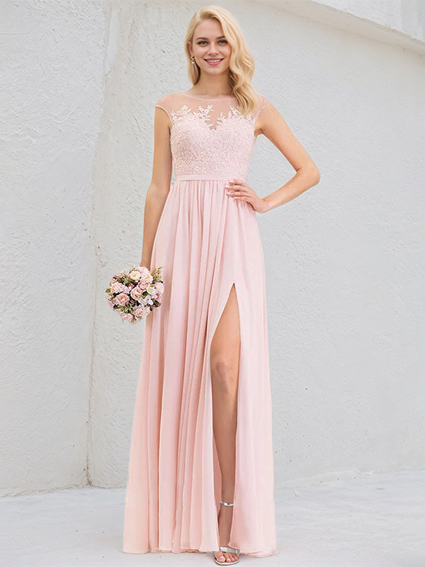 Abito da damigella rosa tenue a linea A con scollo rotondo, pizzo e chiffon lungo fino a terra