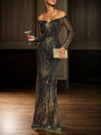 Vestido sereia dourado e preto ombro a ombro com lantejoulas