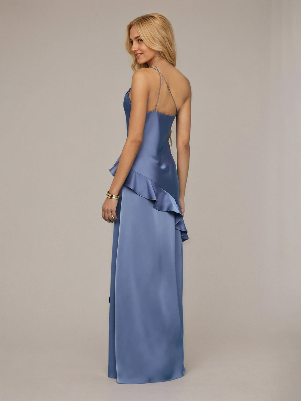 Schieferblaues Etuikleid/Säulenkleid aus Satin, asymmetrisch, ärmellos, bodenlang mit Rüschen