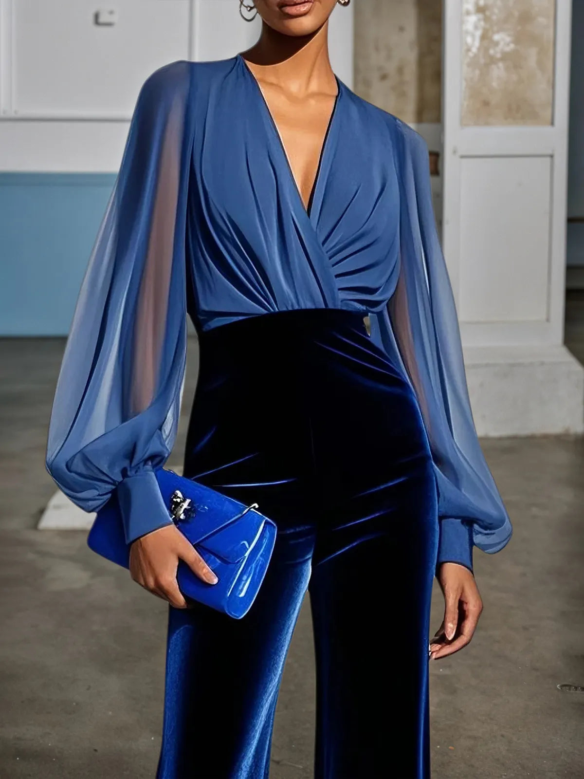Royal Blue V Neck Mesh Long Sleeve Velvet Jumpsuit