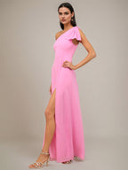 Pink Chiffon Sheath/Column One Shoulder Sleeveless Floor Length Bridesmaid Dress With Bow