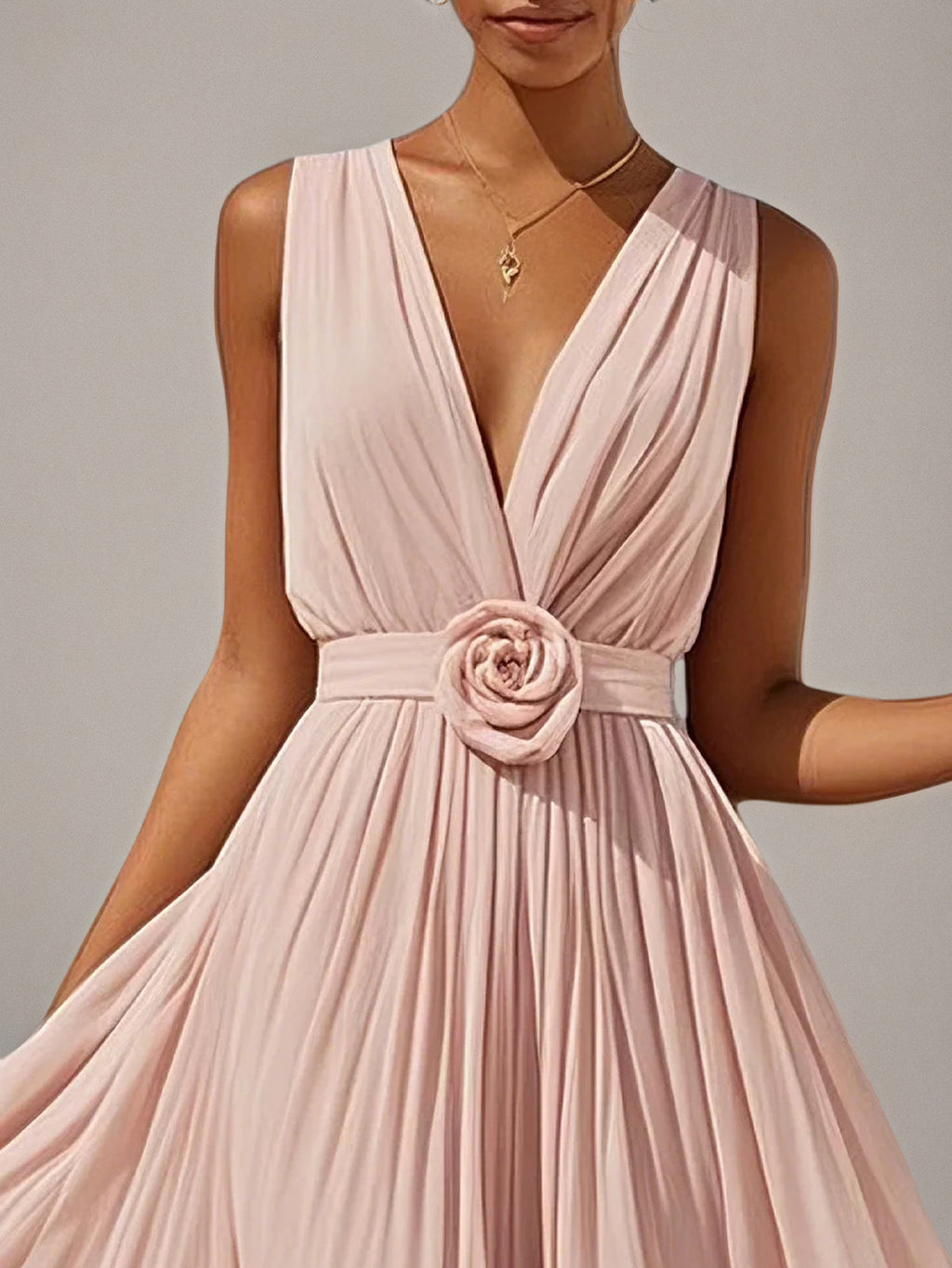 Rosa A-Linien Chiffon V-Ausschnitt ärmelloses bodenlanges Kleid mit 3D-Blumen