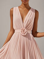 Rosa A-Linien Chiffon V-Ausschnitt ärmelloses bodenlanges Kleid mit 3D-Blumen