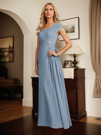 A Line Dusty Blue V Neck Short Sleeves Floor Length Dress With Sequins