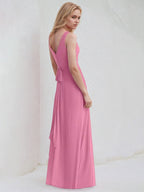 Vestido de Madrinha Orquídea Rosa, Chiffon, Linha A, Decote V e Sem Mangas, Comprimento até o Chão