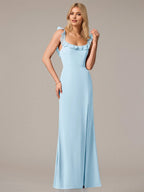 Sheath/Column Chiffon Off The Shoulder Sleeveless Floor Length Dresses With Ruffles