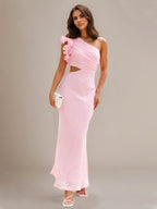 Sanftrosa Chiffon-Sheath/Säulen-Kleid mit einer Schulter, knöchellang, Brautjungfernkleid