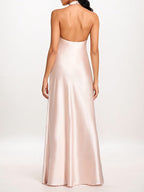 Pearl Pink Sheath/Column Halter Floor-Length Sleeveless Satin Bridesmaid Dress
