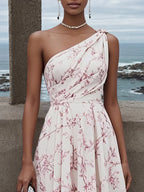 Rosa einseitig schulterfreies ärmelloses A-Linien Midi Kleid mit Blumenmuster