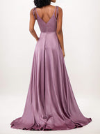 Vestidos de madrinha wisteria em cetim, corte evasê, babados, decote em V, sem mangas, comprimento até o chão