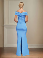 Periwinkle Satin Sheath/Column Off The Shoulder Floor Length Mother of the Bride Dresses