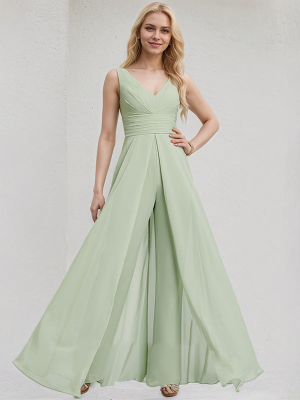 Tuta in chiffon celadon a linea ad A con scollo a V, senza maniche, lunga fino al pavimento, da damigella