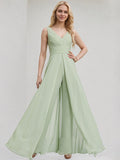Tuta in chiffon celadon a linea ad A con scollo a V, senza maniche, lunga fino al pavimento, da damigella