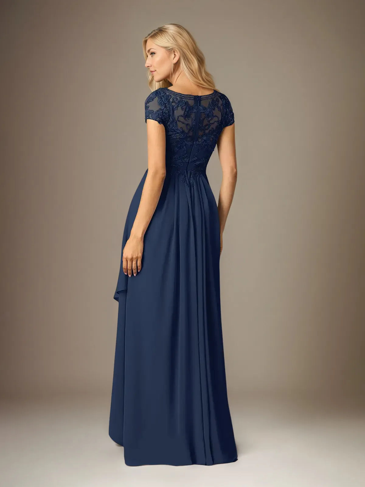 A Line Chiffon Scoop Neck Short Sleeves Floor Length Pleated Mother of the Bride Dresses With Appliques