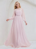 Candy Pink A Line Round Neck Long Sleeves Floor Length Chiffon Bridesmaid Dress