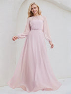 Candy Pink A Line Round Neck Long Sleeves Floor Length Chiffon Bridesmaid Dress