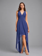 Navy Blue A-Line V-neck Asymmetrical Sleeveless Chiffon Bridesmaid Dress