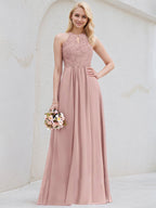 Dusty Rose A-Line Scoop Floor-Length Lace Chiffon Bridesmaid Dress