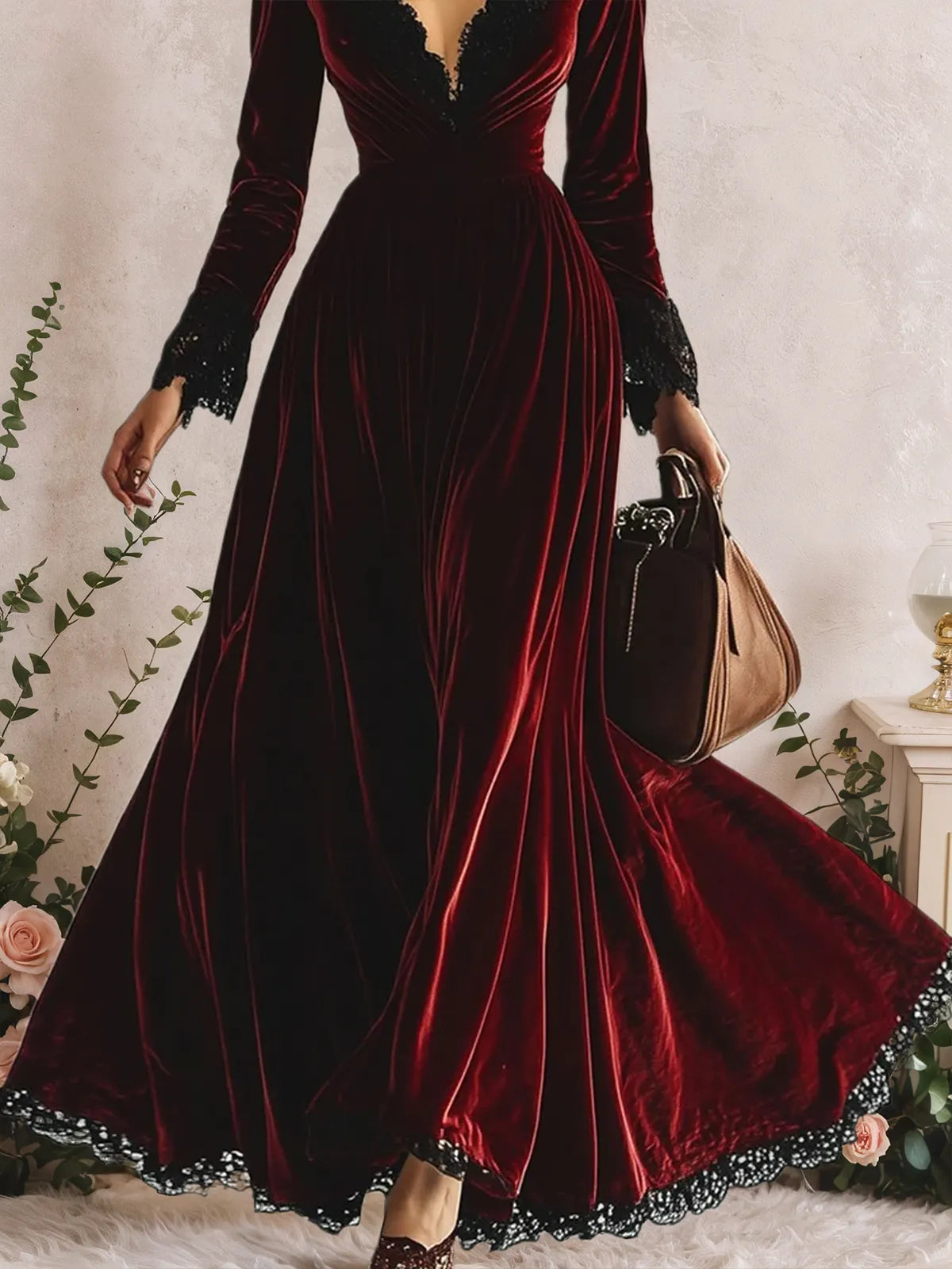 Robe maxi rétro à col en V, manches longues, empiècements en dentelle