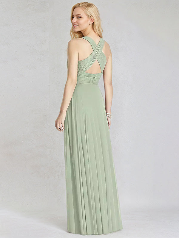 Salbeigrünes Chiffon-A-Linien-Kleid mit V-Ausschnitt, ärmellos, bodenlang, Brautjungfernkleid